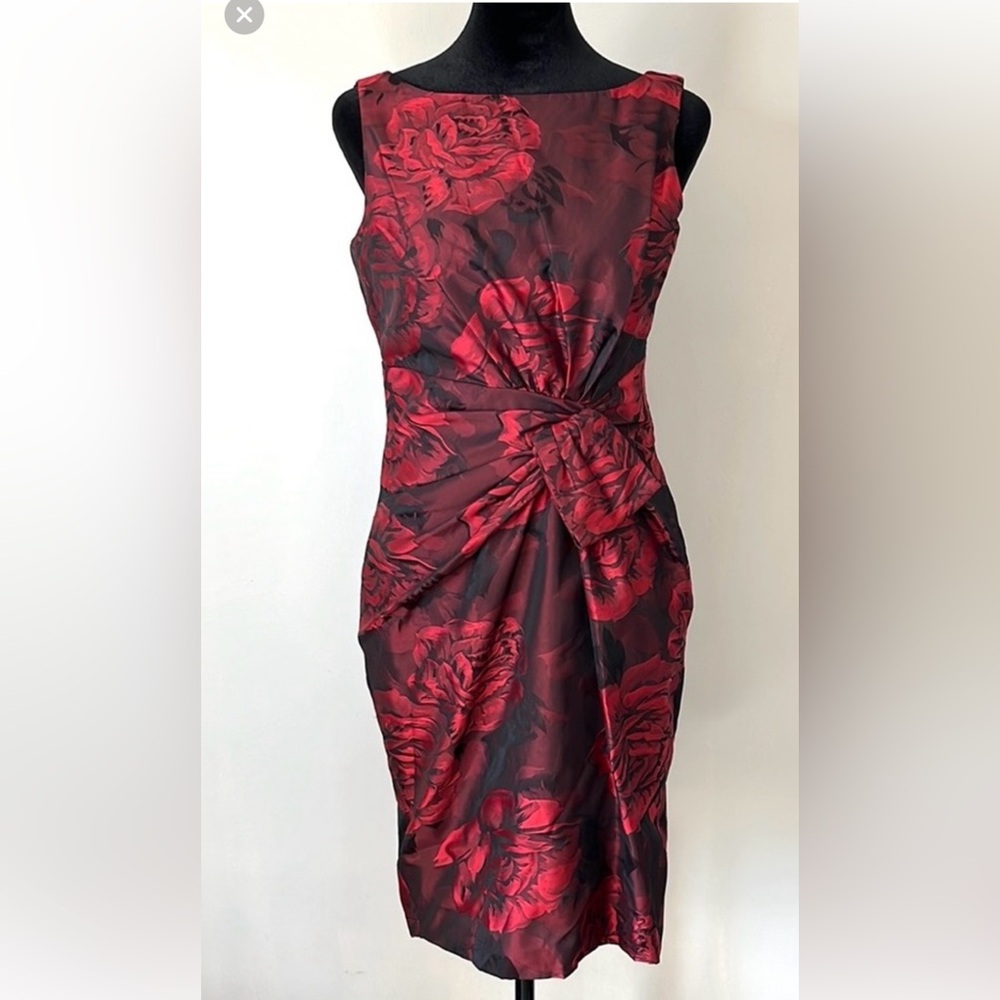 Vintage Y2K Jones Wear Sheath Dress Red/Black Floral Brocade Sateen Size 4P